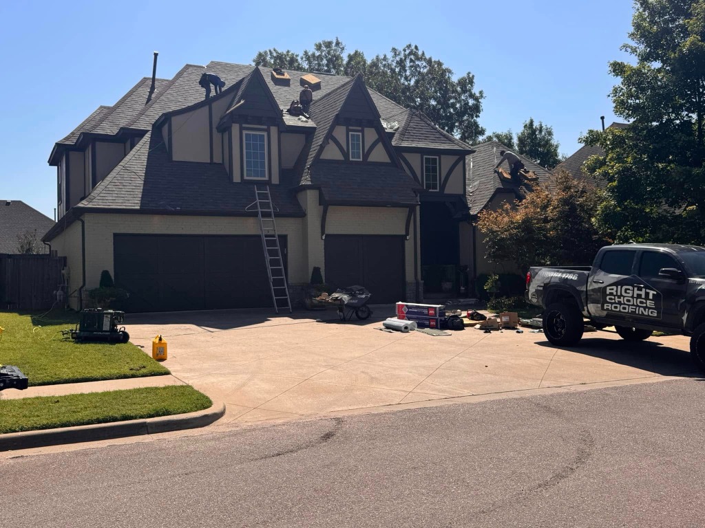 Crew working on a steep pitch roof