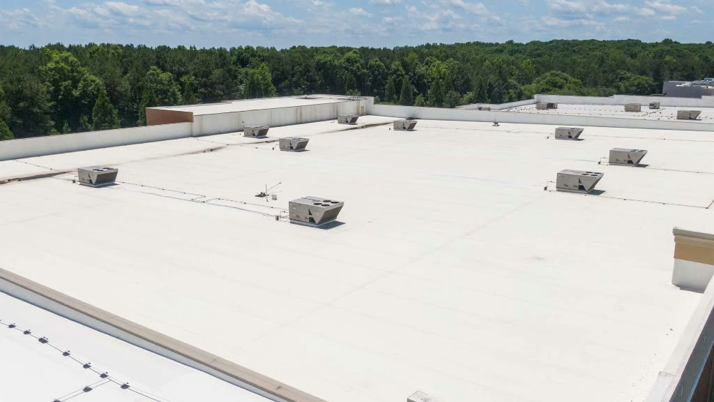 Large commercial TPO flat roof aerial view